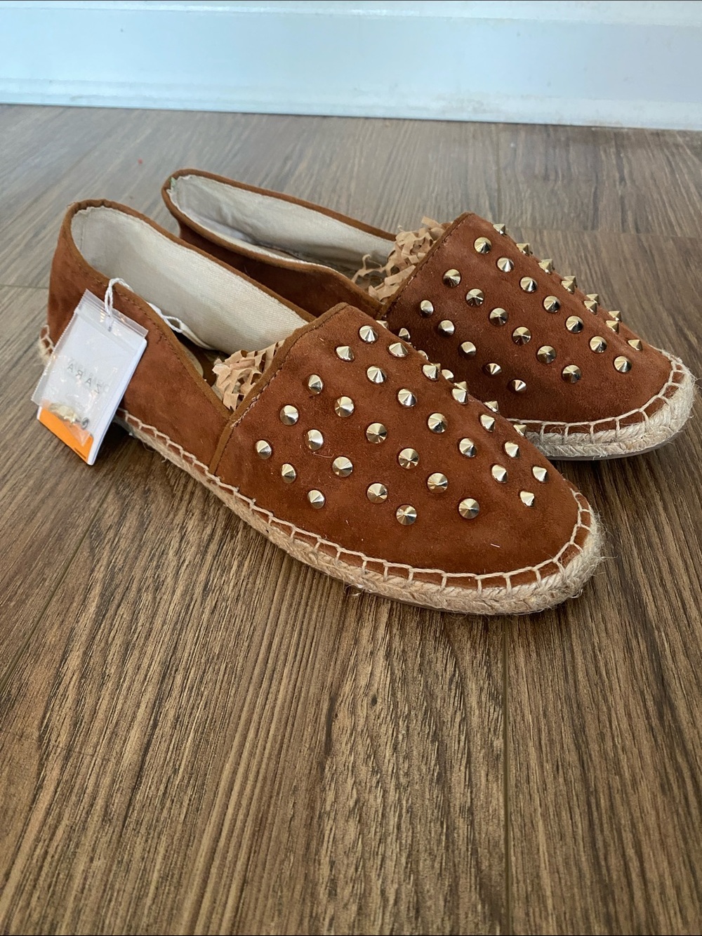 New! Retro Dead stock Zara Brown Suede Studded Espadrille Flats size 8